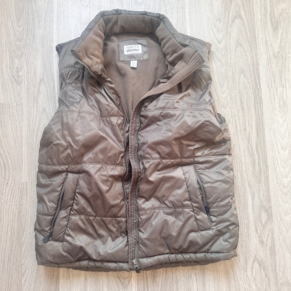 Roots 73 Athletics Puffer Vest Women's Large L Brown Zip Up Fleece Lined Collar